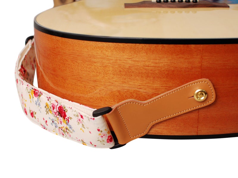 MUSIC FIRST Original Design, 2 inch width (5cm), â€œRosa Multiflora in Creamâ€ Padded Soft Muslin & Genuine Leather Floral Guitar Strap Electric Guitar straps - Image 5